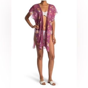 NORDSTROM RACK Vintage Rose Floral Print Chiffon Kimono Beachwear Cover-Up
